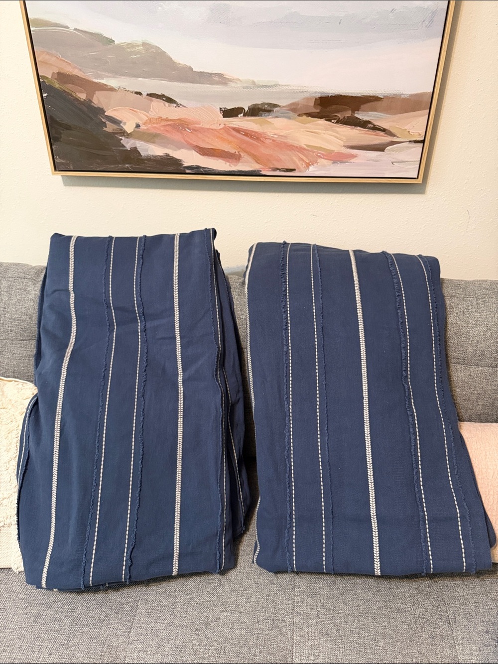 Restoration Hardware vintage baseball Blue Pinstripe curtain panels